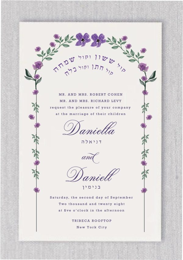 At the heart of this enchanting watercolor woodland purple floral design lies the cherished verse, 'Kol Sason V'Kol Simcha, Kol Chatan V'Kol Kallah,' delicately showcased in beautiful Hebrew script under the chuppah. Encircled by a watercolor purple Chuppah, the names of the bride and groom are elegantly presented in both languages, adorning this invitation and elevating it to a masterpiece of style and sophistication