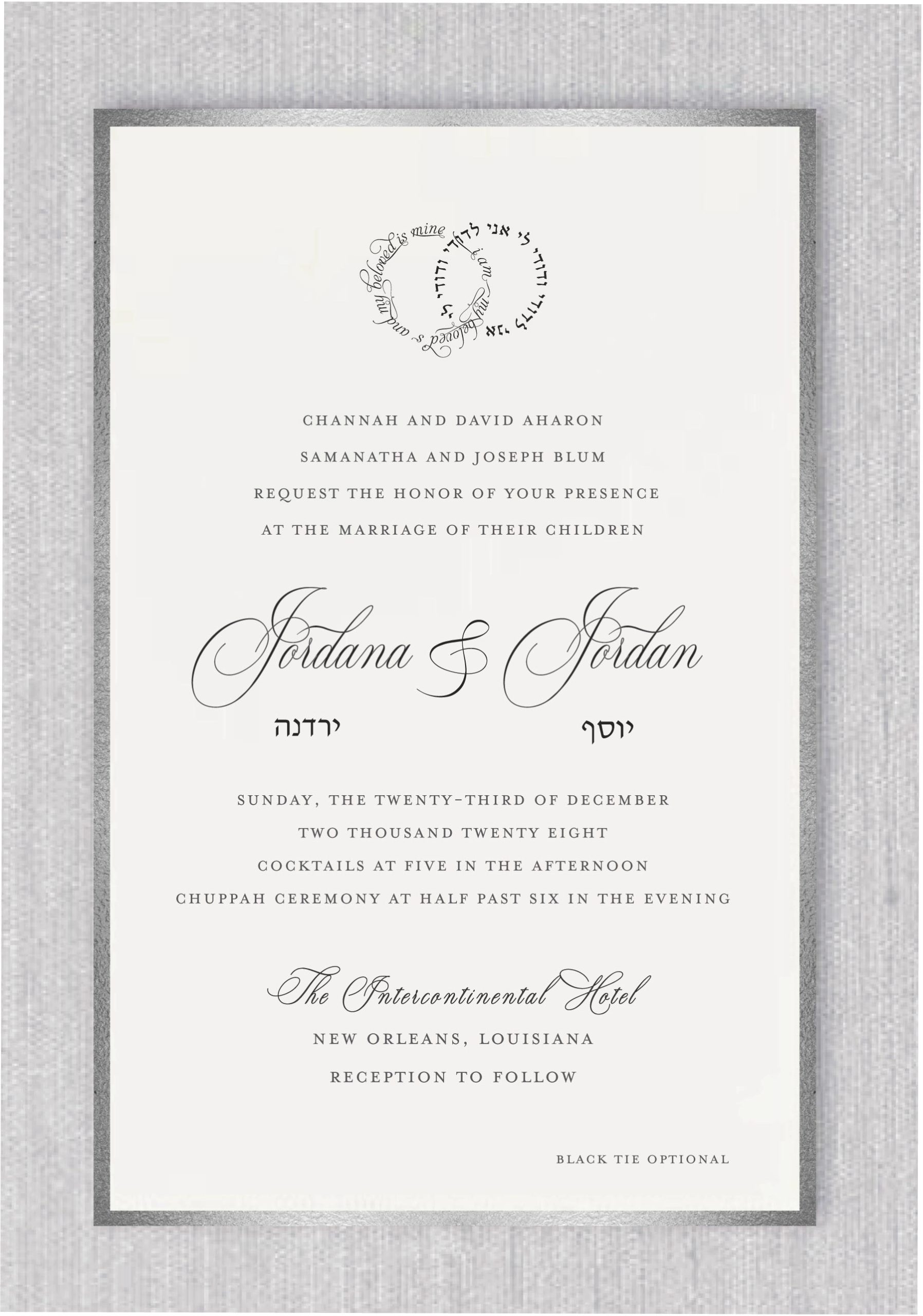 Silver Foil Frame Jewish Wedding invitation embodies the essence of 'Simplicity is Beauty.' A delicate silver foil border accentuates its elegance, making it truly stand out. At the top of the card, you'll find the phrase 'whom my soul loves' in Hebrew arch, followed by its English translation in a sophisticated font below. The names of the bride and groom are printed in elegant, fancy fonts beneath the Hebrew inscription. The inclusion of the silver foil border adds a touch of class, making this invitation both timeless and elegant.