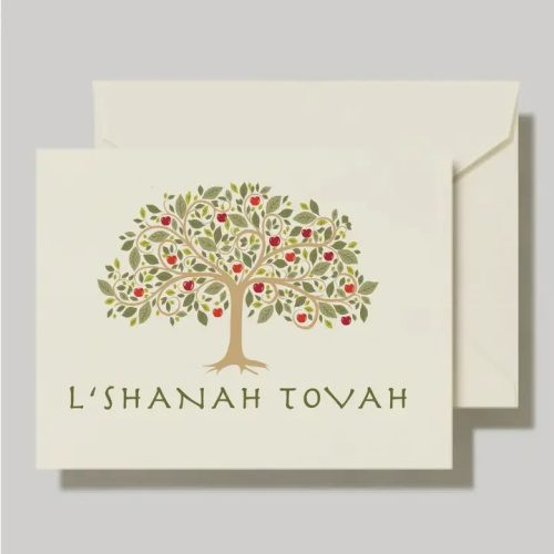 Celebrate Rosh Hashanah with our modern Apple Tree of Life design. The card features "L'Shanah Tovah" in a contemporary font, with the fruit symbol adding elegance and symbolism. Inside: "May the new year bring you all that you wish for" and "Shanah Tova U'Metuka" in Hebrew.