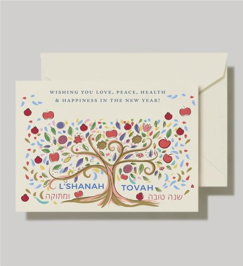 Celebrate Rosh Hashanah in style with our exquisite "Sweet Year" card, adorned with vibrant pomegranates and apples. This unique design beautifully captures the essence of the holiday, ensuring your greetings make a lasting impression. Personalize your card with a special note or signature to add a personal touch that will be cherished for years to come. Our new line of Jewish New Year cards features a sleek, flat design that offers ample space for your customization. Send a distinctive, high-quality card that will stand out and be treasured by your loved ones. Size: 5″ x 7″ (Flat Card) Printed On: Luxurious 130 lb heavy card stock. Made In: 100% in America Included: 5 cards and 5 corresponding envelopes