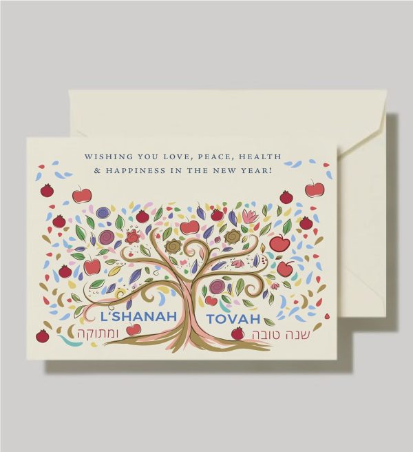 Celebrate Rosh Hashanah in style with our exquisite "Sweet Year" card, adorned with vibrant pomegranates and apples. This unique design beautifully captures the essence of the holiday, ensuring your greetings make a lasting impression. Personalize your card with a special note or signature to add a personal touch that will be cherished for years to come. Our new line of Jewish New Year cards features a sleek, flat design that offers ample space for your customization. Send a distinctive, high-quality card that will stand out and be treasured by your loved ones. Size: 5″ x 7″ (Flat Card) Printed On: Luxurious 130 lb heavy card stock. Made In: 100% in America Included: 5 cards and 5 corresponding envelopes