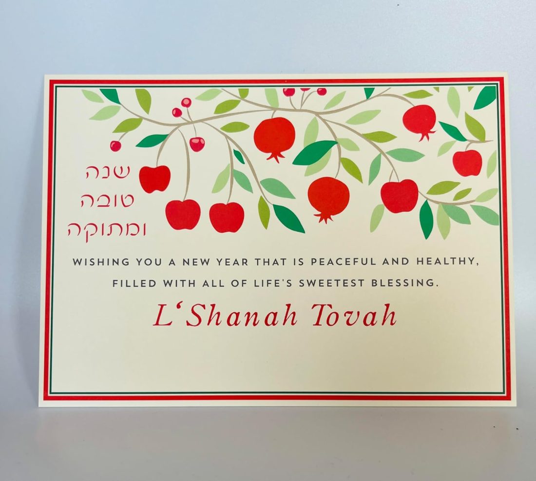 Celebrate the joyous occasion of Rosh Hashanah, the Jewish New Year, with our vibrant and festive Apple and Leaves Rosh Hashanah Cards! Each set includes 5 beautifully designed cards and 5 matching Ecru envelopes. At the top of each card, you'll find intricately illustrated apple branches, bursting with color and rich symbolism, and leaving room for your personal message to family and friends. These bright and striking images represent blessings, abundance, and the sweetness of the upcoming year, perfectly capturing the spirit of Rosh Hashanah with their eye-catching designs. Send a distinctive, high-quality card that stands out and will be cherished by your loved ones. Size: 5″ x 7″ (Flat Card) Printed On: Luxurious 130 lb heavy cardstock Made In: 100% in America Included: 5 cards and 5 corresponding envelopes.