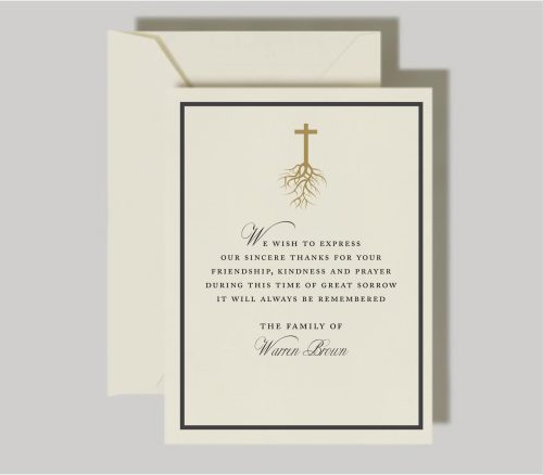 Introducing our Floral Cross Sympathy Greeting Cards, showcasing a stunning golden floral cross adorned with delicate leaves. The design elegantly frames the cross with a modern typeface for the heartfelt verse at the center. Each card offers ample space for your personal signature or a special message, allowing you to convey your gratitude and sentiments. Additionally, the card features the family’s signature, adding a meaningful and personal touch.
