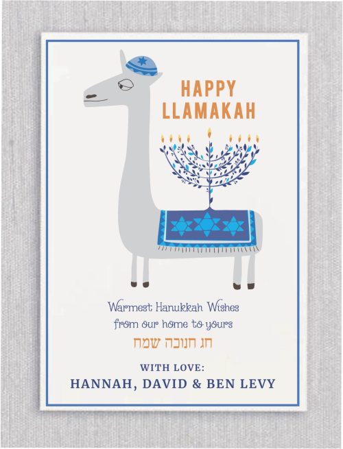 Introducing our elegant Ilamakah Hanukkah cards, inspired by Ilamakah holiday traditions. Each card features a charming illustration of a Jewish Ilamakah wearing a kippah and carrying an artistic menorah on its back. Personalize each card online to reflect your unique style. The cards come with blank envelopes, with the option to add a return address for added convenience.