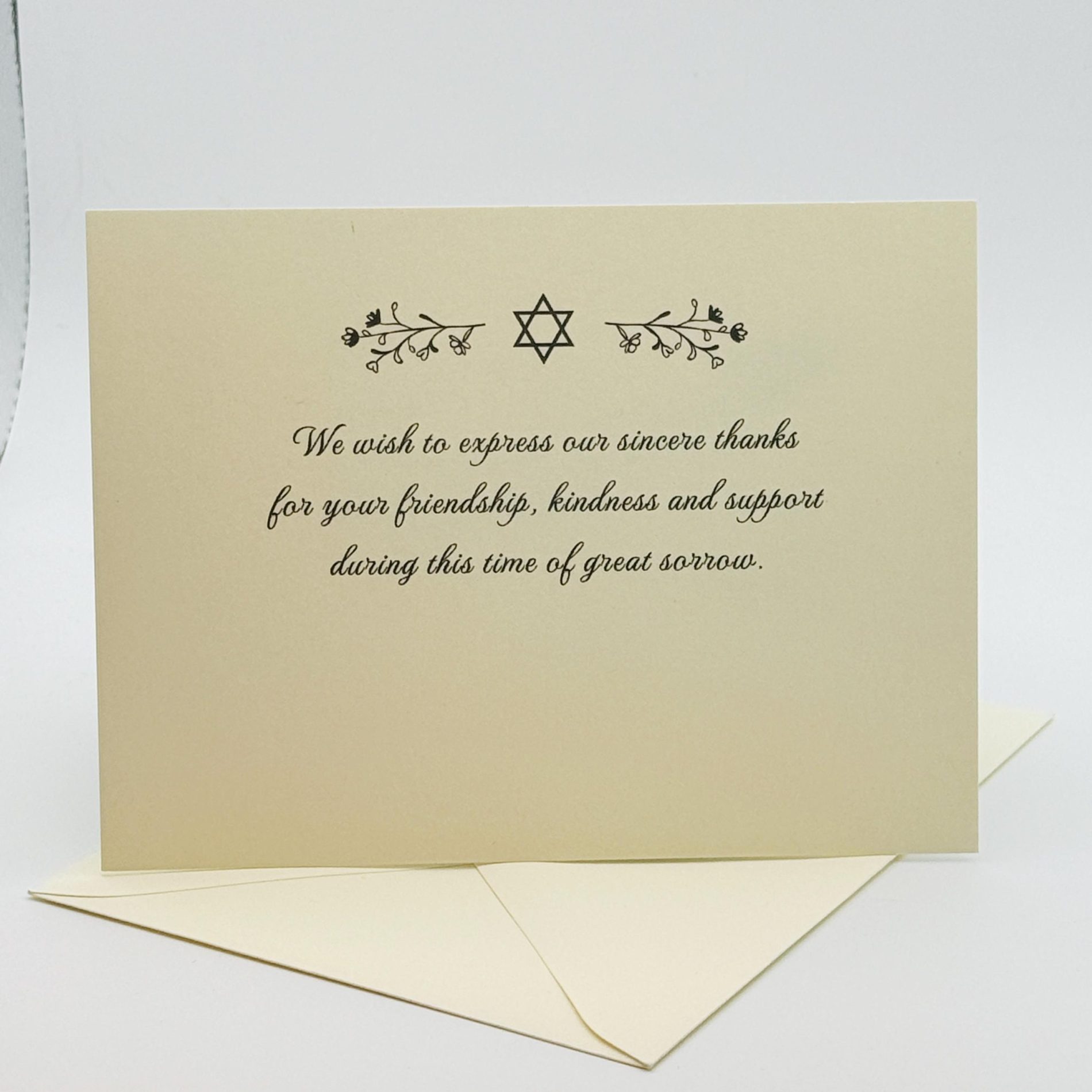 Our unique sympathy card is designed to offer comfort and support during difficult times. The elegant floral Star of David adorns the front, conveying a heartfelt message while leaving space for your personal note to family and friends.