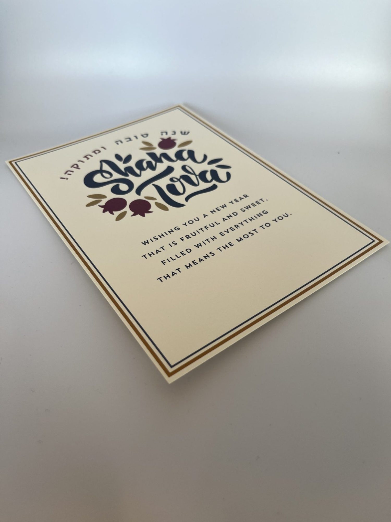Embrace the spirit of the Pomegranate Jewish New Year with our beautifully designed Shining Pomegranate greeting cards. Each card features a heartfelt message while providing space for your personal wishes. Instead of printing your name, you can add your own unique message, making each card truly special. Share joy and warmth with your loved ones this Rosh Hashanah and spread the blessings of the Jewish New Year!