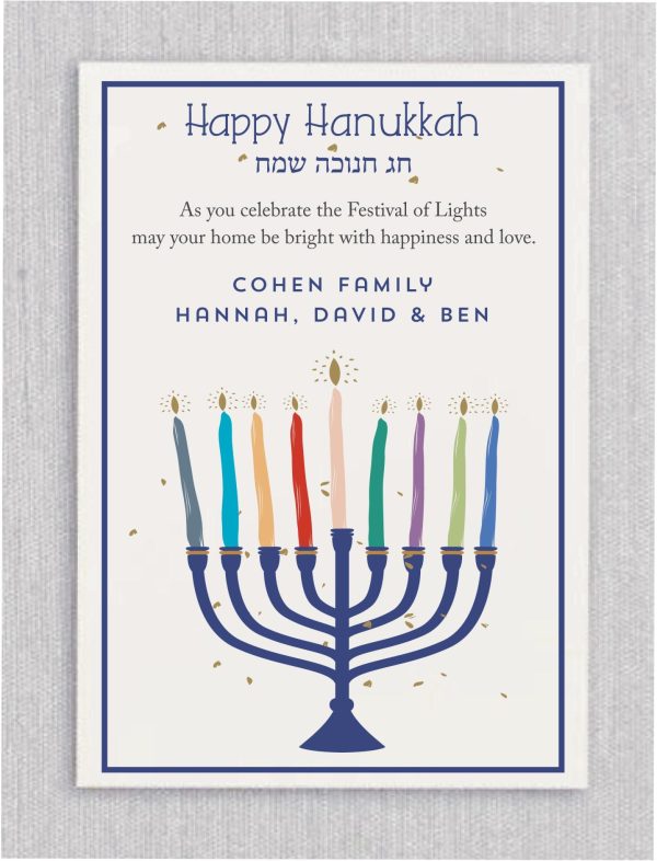 Introducing our new line of Hanukkah cards! This elegant design showcases a vibrant, simple menorah, with each candle in a different festive color to celebrate the bright and joyous spirit of Hanukkah. Personalize each card online to reflect your unique style. The cards come with blank envelopes, but you have the option to add a return address for added convenience.