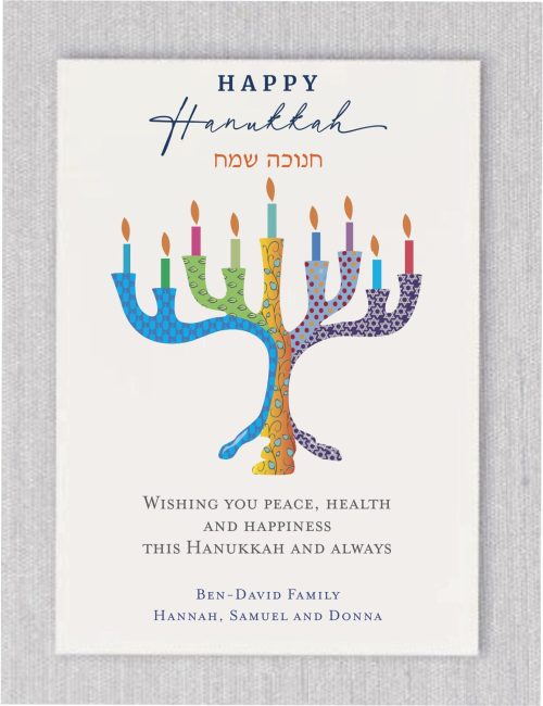 Introducing our vibrant and artistic menorah, a unique celebration of Hanukkah that embodies the spirit of the holiday. Each candle showcases a burst of bright colors and intricate designs, illuminating your celebrations with warmth and joy. The phrase "Happy Hanukkah" is elegantly displayed in navy font, adding a touch of sophistication to your festivities. Complementing this festive greeting is "חנוכה שמח" (Hanukkah Sameach) in Hebrew, honoring the rich traditions of this cherished celebration.