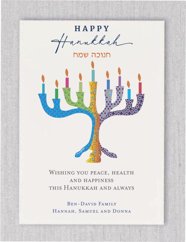 Introducing our vibrant and artistic menorah, a unique celebration of Hanukkah that embodies the spirit of the holiday. Each candle showcases a burst of bright colors and intricate designs, illuminating your celebrations with warmth and joy. The phrase "Happy Hanukkah" is elegantly displayed in navy font, adding a touch of sophistication to your festivities. Complementing this festive greeting is "חנוכה שמח" (Hanukkah Sameach) in Hebrew, honoring the rich traditions of this cherished celebration.