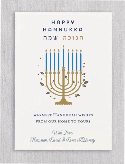 Introducing our stunning golden menorah, a unique tribute to Hanukkah. Each vibrant candle represents a miracle, adding a burst of color to your celebration. The golden candles will radiate warmth and light, making your festivities truly special. Plus, you can personalize it with your own verse and signature beneath the menorah. Celebrate tradition in style with this beautiful centerpiece!