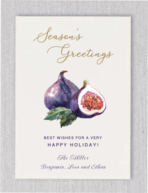 Introducing our season's greetings holiday cards! These cards are perfect for sending warm wishes to friends and family who may not celebrate Christmas but still want to share in the holiday spirit. Featuring a beautiful watercolor illustration of figs in rich purple shades, the design embraces a natural, festive feel without being explicitly Christmas-themed. The message is simple and heartfelt: “Best wishes for a happy holiday.” You can easily add your signature at the bottom, making it a personal touch. Share the joy of the season with everyone on your list!