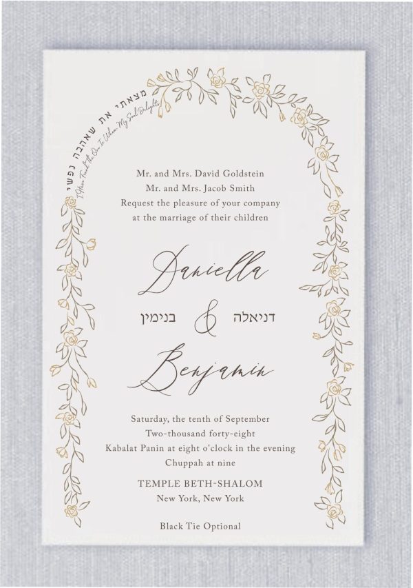 Introducing a distinctive Jewish wedding invitation featuring the timeless phrase, “I found the one my soul loves,” beautifully presented in both Hebrew and English. The design incorporates elegant Chuppah roses, symbolizing the sacred spirit of the Chuppah ceremony. Perfect for modern couples, this invitation seamlessly blends tradition with contemporary design. The graceful script highlights the essential wedding details with a refined yet practical elegance. The couple’s Hebrew names, thoughtfully placed beneath the elegant English text, add a deeply personal touch, making this invitation the ideal choice for a meaningful and memorable Jewish celebration.