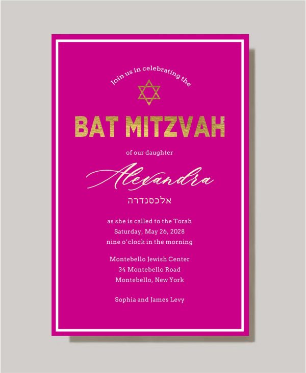 This unique, paperless Gold Foil and Hot Pink Magenta Bat Mitzvah invitation is a bold and elegant choice for celebrating this special milestone. Featuring the words "Bat Mitzvah" and the Star of David in shimmering gold foil, this design highlights the significance of the event. The Bat Mitzvah girl's name takes center stage in a sophisticated, fancy font, with her Hebrew name elegantly displayed beneath it, offering a beautiful bilingual presentation. The striking combination of gold foil and hot pink magenta creates a vibrant, luxurious aesthetic that will leave a lasting impression on your guests. With meticulous attention to detail, this Bat Mitzvah invitation perfectly captures the beauty and importance of the occasion, making it an unforgettable part of your celebration. Perfect for a modern, stylish Bat Mitzvah, this invitation seamlessly blends tradition and contemporary design.