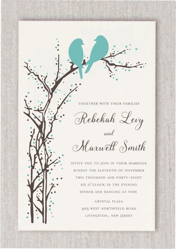The Aqua Love Birds Wedding Invitation is a timeless favorite in our collection, now reimagined with the charming 'Love Birds in Aqua' design. Perfect for an elegant and contemporary celebration,  beautifully framed by gracefully entwined branches, adding a touch of romance and sophistication to your special day.