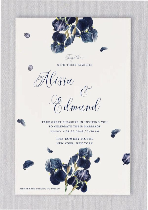 Stunning wedding invitations adorned with beautiful bluish-toned flowers surrounding this wedding invitation. The bride and groom’s names are prominently displayed in bold, contemporary typography, creating a stylish and sophisticated look for this memorable occasion.