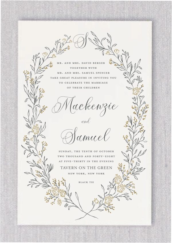 The Lavish Branching Love wedding invitation radiates elegance, featuring two gracefully entwined branches forming an enchanting wreath enriched with luxurious tones of deep smoke and golden hues. At the crest of the wreath, a beautifully styled monogram in an elegant font takes center stage. Surrounding this captivating focal point, your names in both Hebrew and English are elegantly scripted in a chic font, adding a layer of sophistication to this stunning design.