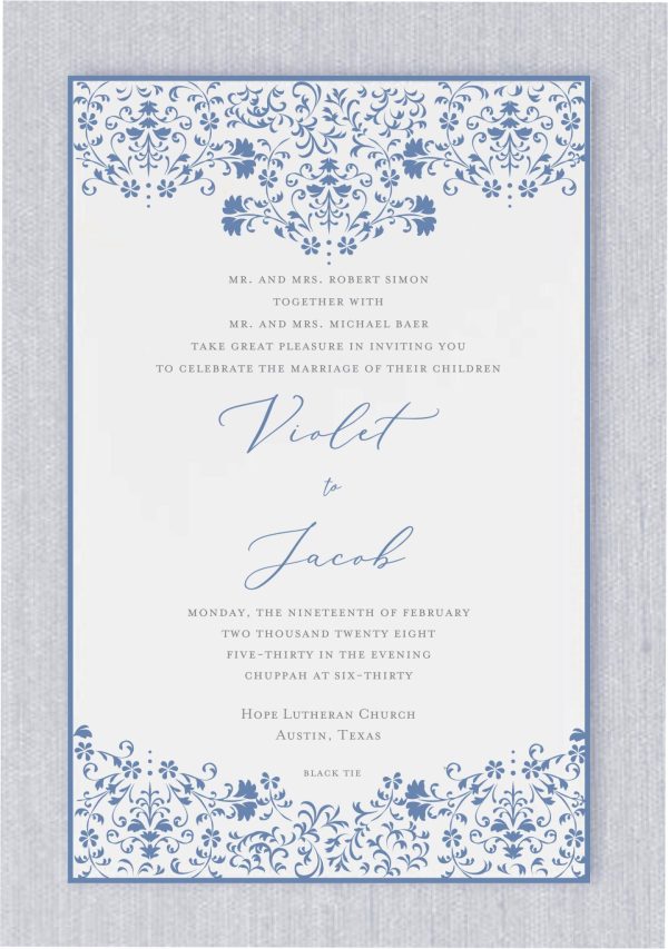 Introducing our Classic Charm Wedding Invitations, featuring an elegant vintage border in our signature Nantucket ink and refined fancy font. Perfect for modern couples, this design combines timeless script lettering with essential wedding details, achieving a harmonious blend of sophistication and functionality.