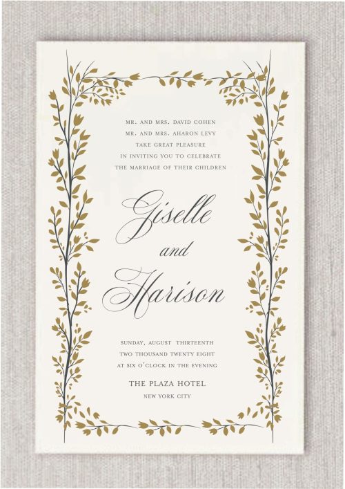 Elegant Branches Wedding Invitations are a beloved favorite in our collection, now reimagined as the 'Golden Branches Wedding Invitations.' Perfect for an elegant and contemporary celebration, this design features a delicate floral border that exudes timeless sophistication and subtle charm.