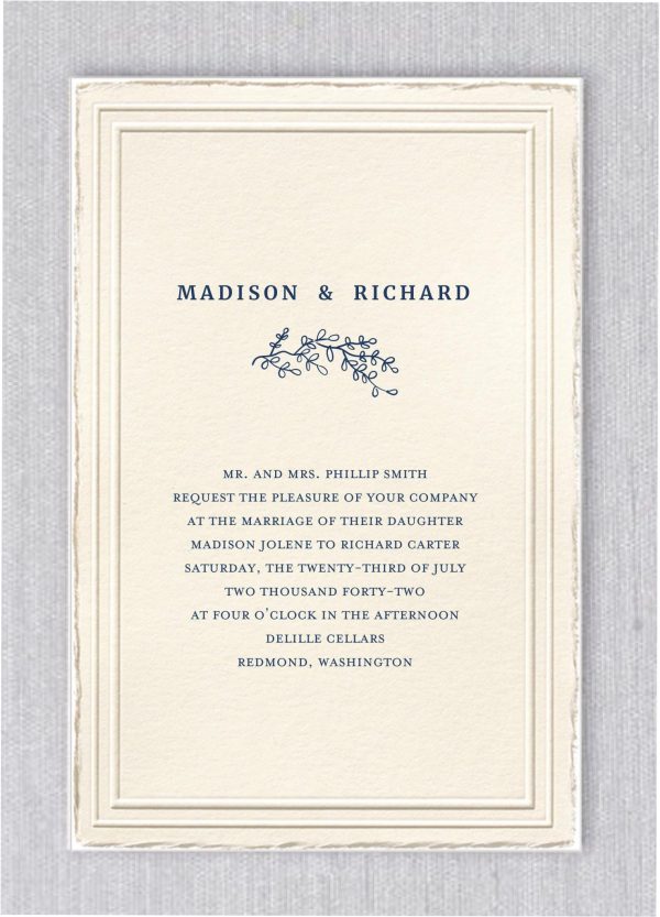 Crafted on exquisite feather-textured cardstock, this elegant wedding invitation features a beautifully embossed frame and refined feather deckle edges, adding a touch of timeless sophistication.