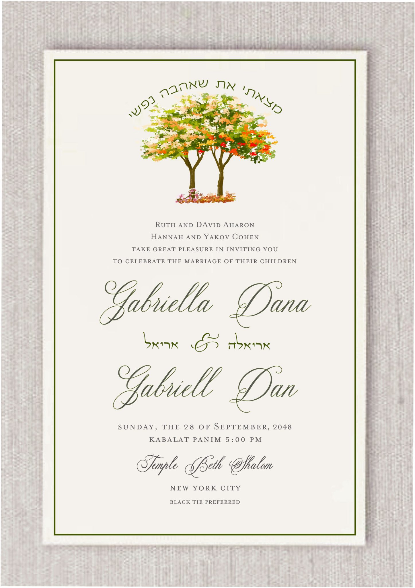 This Etz Chaim (Tree of Life) Jewish Wedding invitation beautifully reflects Jewish culture. The watercolor illustration of two trees merging into one symbolizes the bride and groom coming together to build their life and home. The Tree of Life also represents the deep roots of Jewish tradition and heritage. At the top of the trees, the Pasuk ‘I have found the one whom my soul loves’ מצאתי את שאהבה נפשי in Hebrew adds a unique and meaningful touch. The couple’s names, elegantly styled in a fancy font alongside their Hebrew names, further personalize the design. Pair it with moss envelope liners for an added touch of natural beauty and charm.