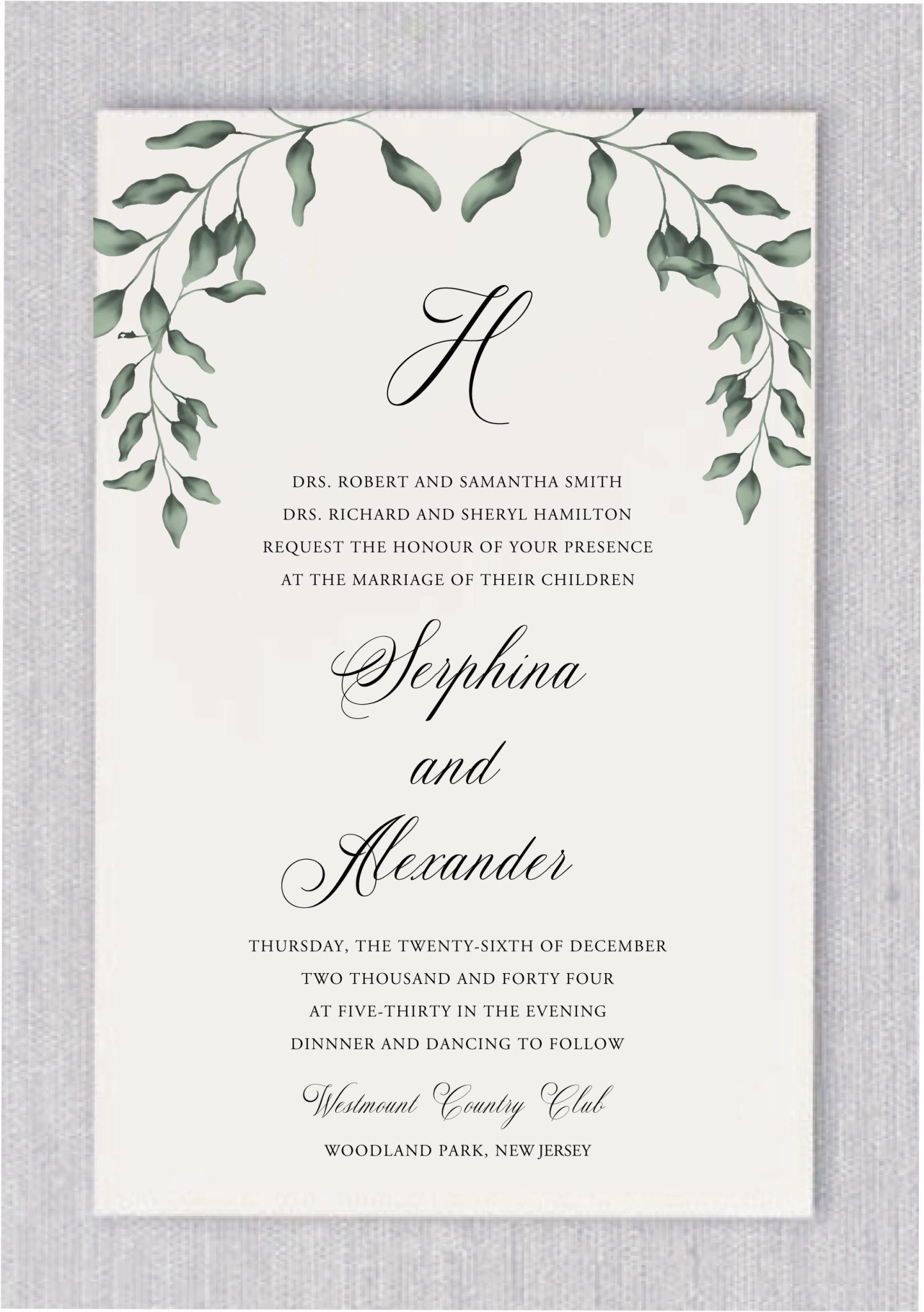 Evergreen Heart Wedding Invitations offer a truly breathtaking and one-of-a-kind design for your special day. The lush, evergreen heart shape gracefully frames the top of the invitation, creating a stunning focal point. Beneath this, the groom’s future initials are elegantly featured, adding a personal touch of tradition. The names of the couple are beautifully arranged in a staggered layout, giving the design a contemporary and artistic flair. This invitation perfectly blends nature-inspired elements with modern sophistication, ensuring that you and your guests are captivated by its timeless beauty and elegance."