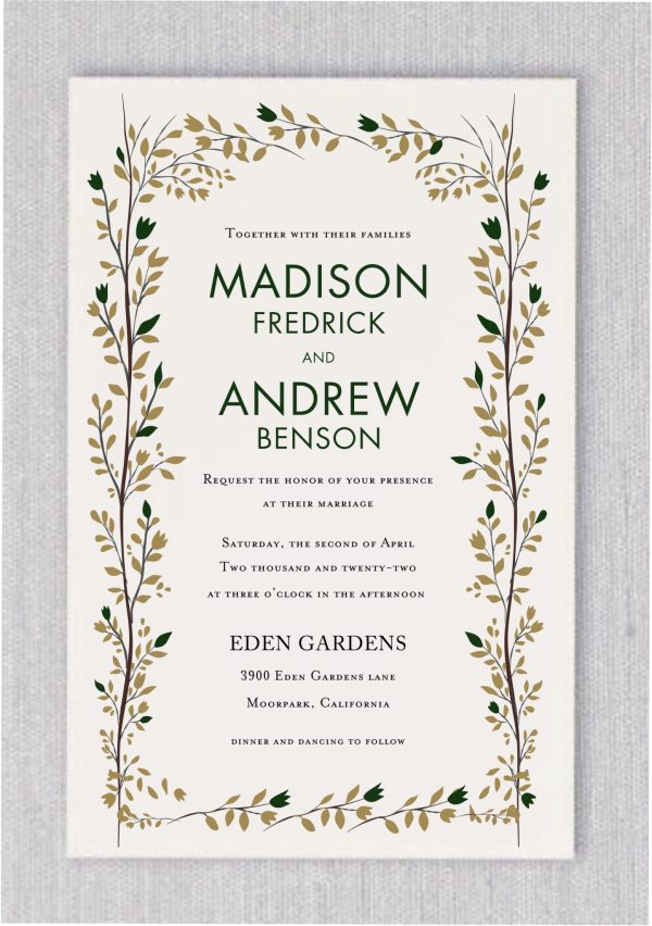Introducing Golden Glow Wedding Invitations, featuring a border adorned with branches and leaves in shades of gold and hunter green. The names are elegantly highlighted in a modern font, creating a striking contrast.