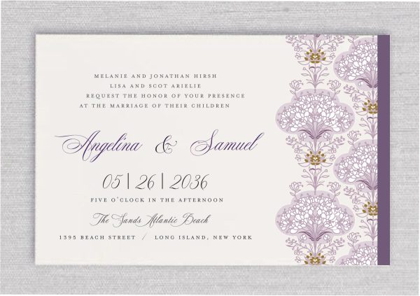 Introducing our Floral Bouquet evite paperless Wedding Invitation, graced with a floral bouquet on the right side and adorned with a delicate purple lace edging. The wedding details are presented in a modern layout, with the wedding date prominently displayed in large font. The bride and groom's names are elegantly showcased in fancy typography.