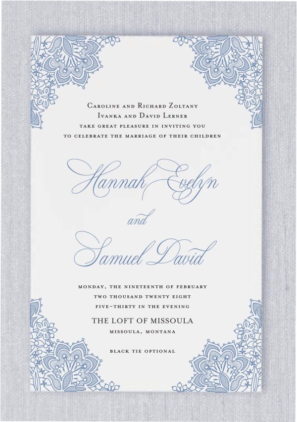 This luxurious wedding invitation features elegant floral designs adorning all four corners, beautifully rendered in Nantucket blue ink. At the heart of the design, the wedding details are gracefully centered, with the bride and groom’s names showcased in a sophisticated fancy type—perfect for an upscale event.