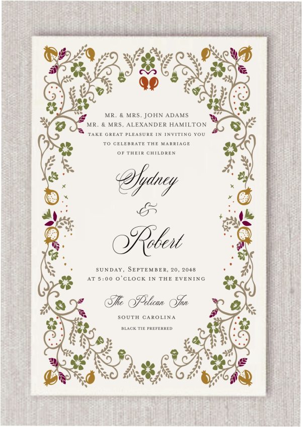 This Pomegranate Garden wedding invitation is artfully framed by the vibrant imagery of a pomegranate stem, with its lush leaves and delicate blooms meticulously illustrated. The pomegranate, a timeless symbol of prosperity, fertility, and the creation of a new home, beautifully reflects the bride and groom’s shared journey ahead. At the top of the invitation, two elegantly rendered pomegranates frame a heartfelt message, infusing the design with a touch of whimsy and refinement, making it a perfect choice for a truly meaningful celebration.
