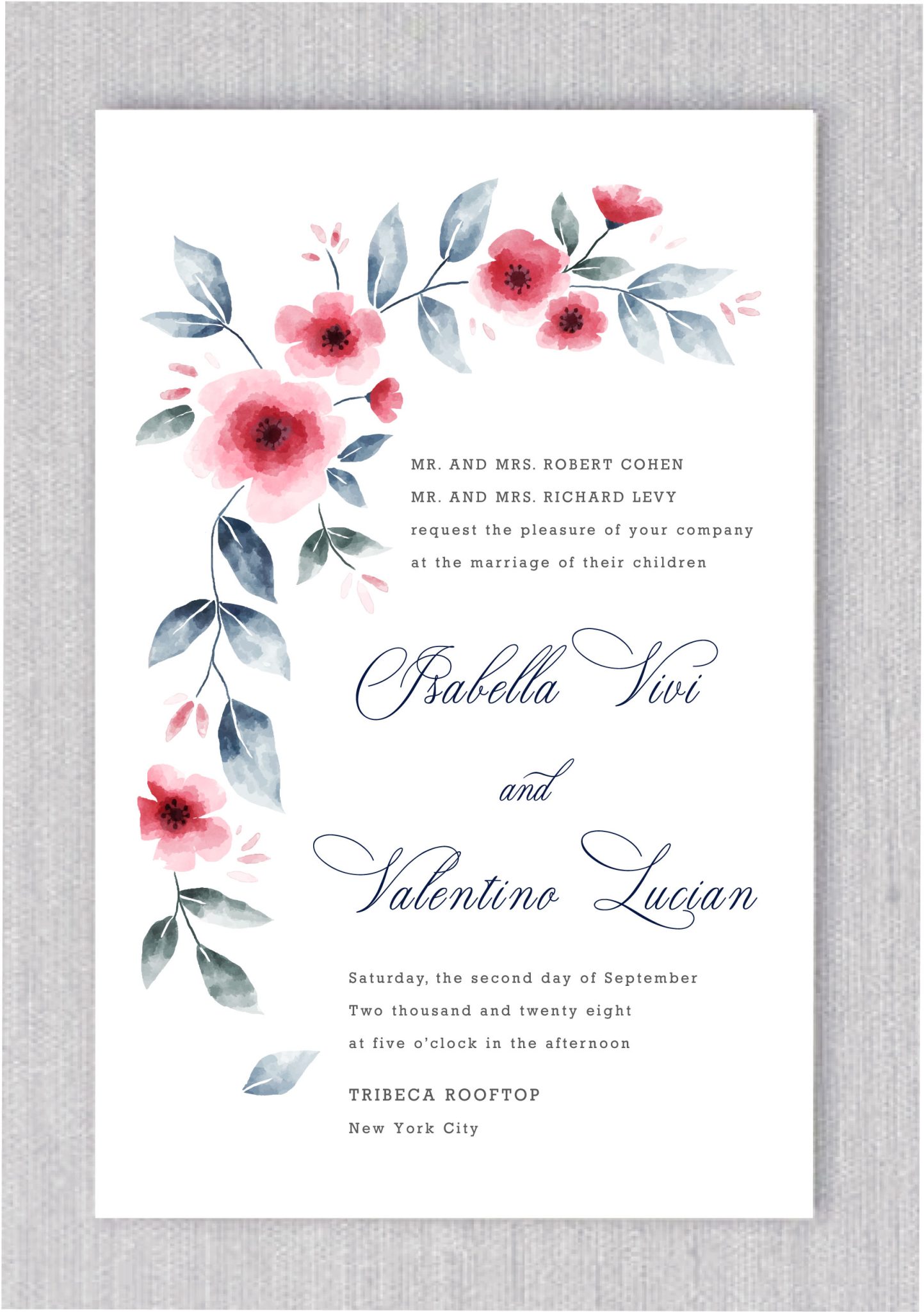 These elegant wedding invitations are a true work of art, guaranteed to leave a lasting impression. The design features a breathtaking arrangement of lush rose garden blooms, their rich, vibrant tones drawing the eye and creating a sense of luxury. The names of the bride and groom are elegantly displayed in sophisticated fonts, ensuring they stand out beautifully. The contrast between the vivid roses and the delicate invitation creates a striking visual effect that exudes timeless charm and refinement. Perfect for a couple looking to infuse their special day with a touch of opulence and grace, these invitations are sure to captivate everyone who receives them.