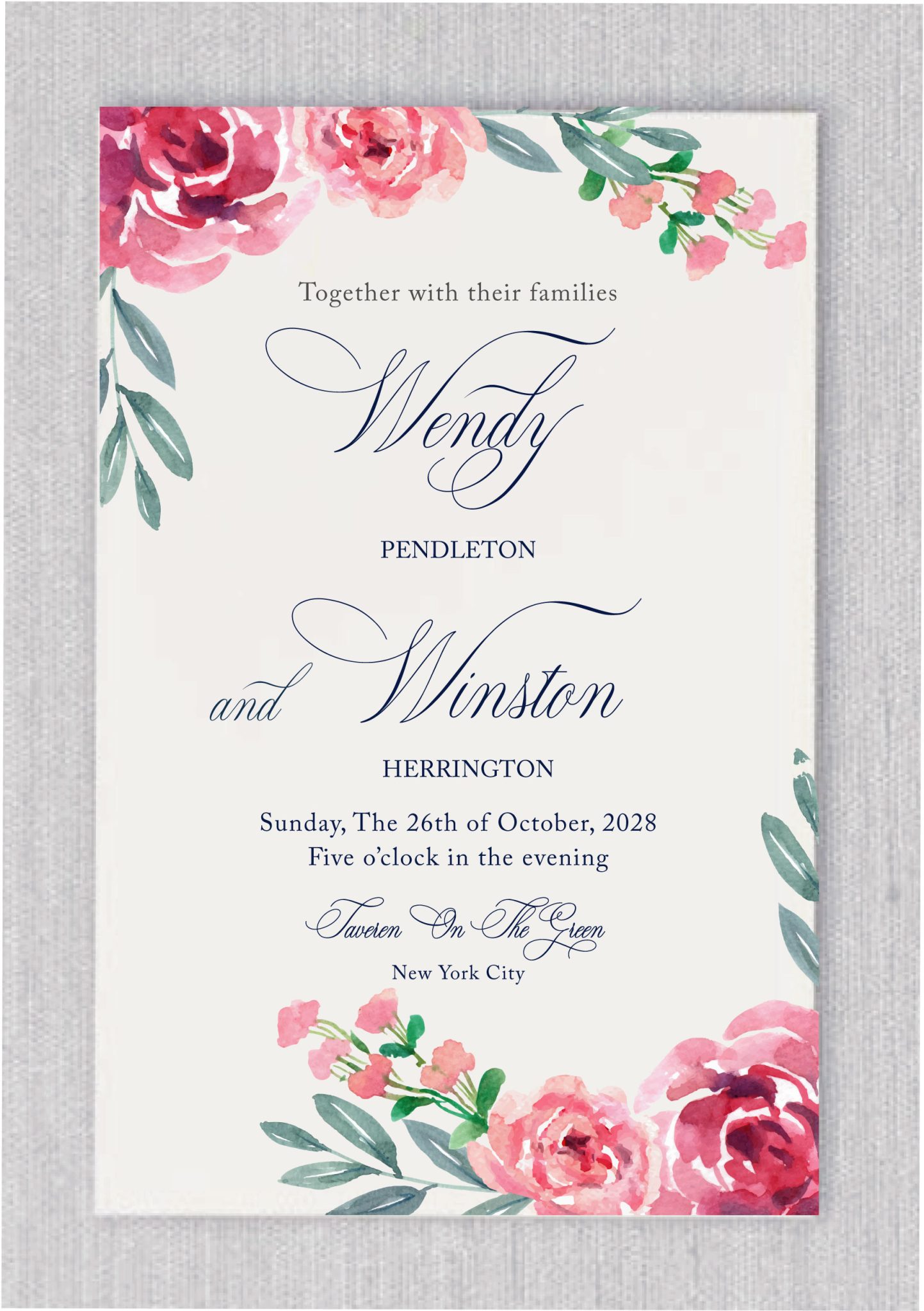 Create a romantic atmosphere with our elegant Wedding Invitation, featuring delicate watercolor roses and lush greenery leaves that beautifully frame the design. The names of the bride and groom are prominently displayed in an exquisite, fancy type, centered to capture the essence of this special occasion