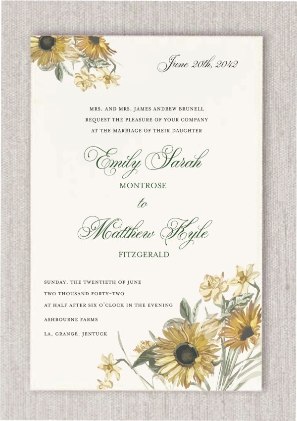 This wedding invitation showcases vibrant sunflowers adorning the two corners, beautifully framing the design. The bride and groom's names are elegantly displayed in a sophisticated script font, adding a touch of charm and refinement. To further elevate the presentation, each invitation is accompanied by a Euro flap envelope, enhancing the overall aesthetic and ensuring that this invitation is not just a message but a memorable keepsake.