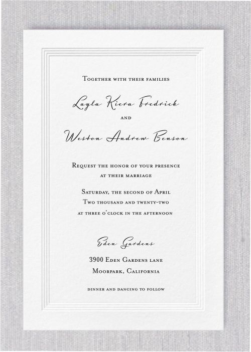 Embrace modern elegance with this beautifully embossed panel wedding invitation. The sleek, minimalist design ensures that every detail is refined, while the expertly crafted layout allows your names to take center stage, creating a lasting impression. This invitation is the perfect blend of sophistication and simplicity, setting the tone for a memorable celebration.