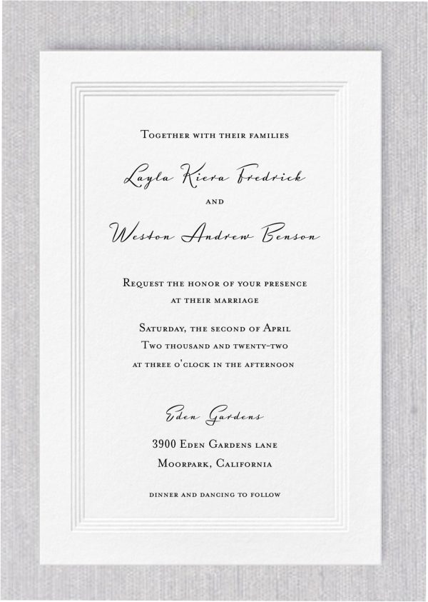 Embrace modern elegance with this beautifully embossed panel wedding invitation. The sleek, minimalist design ensures that every detail is refined, while the expertly crafted layout allows your names to take center stage, creating a lasting impression. This invitation is the perfect blend of sophistication and simplicity, setting the tone for a memorable celebration.