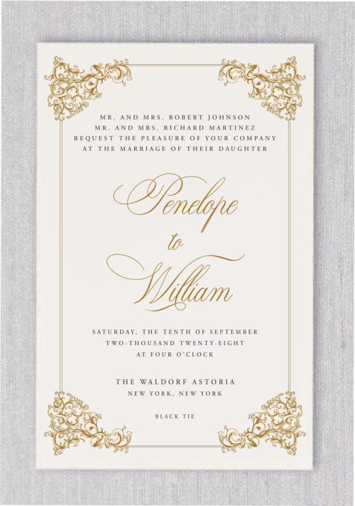 Vintage Vogue is a timeless and sophisticated wedding invitation, designed to capture the elegance of a bygone era. The four corners of the invitation are beautifully adorned with intricate vintage patterns, framing the delicate message inside. The names of the bride and groom are displayed in an exquisite, ornate font, rendered in a luxurious gold antique hue that evokes a sense of classic charm and refinement. This invitation perfectly blends old-world glamour with modern romance, setting the tone for a memorable celebration.