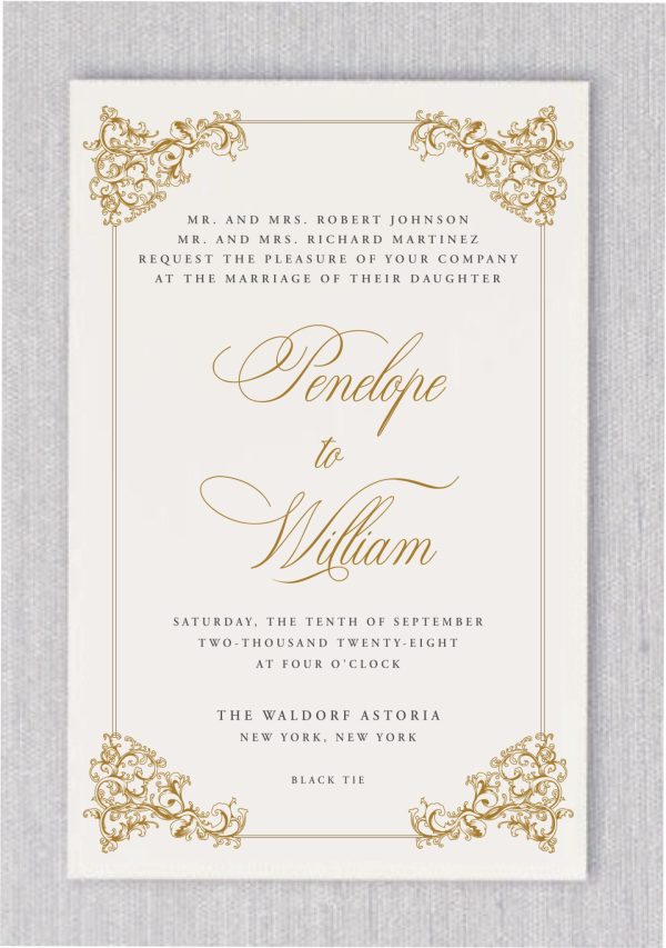Vintage Vogue is a timeless and sophisticated wedding invitation, designed to capture the elegance of a bygone era. The four corners of the invitation are beautifully adorned with intricate vintage patterns, framing the delicate message inside. The names of the bride and groom are displayed in an exquisite, ornate font, rendered in a luxurious gold antique hue that evokes a sense of classic charm and refinement. This invitation perfectly blends old-world glamour with modern romance, setting the tone for a memorable celebration.