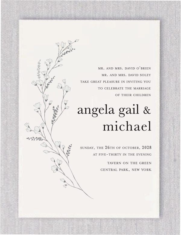 An artful touch of nature this enchanting wedding invitation — a solitary stem of wildflowers delicately designed and printed alongside the couple's heartfelt message. This charming addition bestows a naturally elegant and whimsical allure to the invitation. The names of the bride and groom, presented in a contemporary and stylish font, are elegantly printed in modern fonts adding a personal touch to this masterpiece.