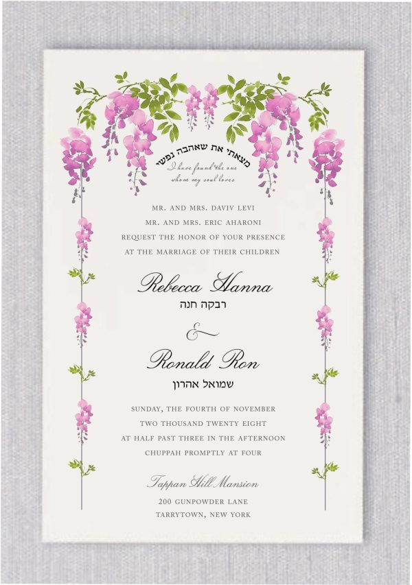 This flowery Chuppah Jewish Wedding Invitation combines nature’s beauty with modern elegance, making it the perfect choice for a memorable celebration. The design features soft shades of pink petals and lush green leaves, creating a harmonious and visually captivating look. The centerpiece of this exquisite invitation is the cherished Hebrew verse, ‘I have found the one whom my soul loves,’ prominently displayed beneath the Chuppah, in both Hebrew and English. The sophisticated typography adds a personal touch, with the bride and groom's names elegantly scripted, while their Hebrew names are delicately placed underneath, completing the design with refined grace and meaning. This invitation beautifully captures the essence of love and tradition, setting the tone for a meaningful Jewish wedding. Jewish wedding invitation with Chuppah design, floral wedding invite, personalized wedding stationery, elegant Jewish wedding invite, modern Jewish wedding invitation.