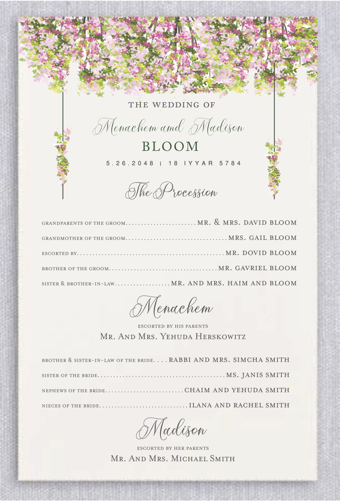 Introducing New Jewish Wedding Programs: Eco-Friendly, Concise, and Elegant. Say goodbye to multi-page wedding folders and hello to compact, eco-friendly cards. Each card includes: Front Side: A beautiful design reflecting the couple's unique style, along with a summary of the wedding procession, including the wedding party, family, and the bride and groom walking under the Chuppah. Back Side: Brief explanations of key Jewish wedding elements: Ketubah: The marriage contract. Chuppah: The wedding canopy. Hakafot: The circling of the bride. Kiddushin: The sanctification of marriage. Rings: The exchange of rings. Sheva Brachot: The seven blessings. Breaking the Glass: Symbolizing the destruction of the Temple and the couple's commitment through life's challenges.