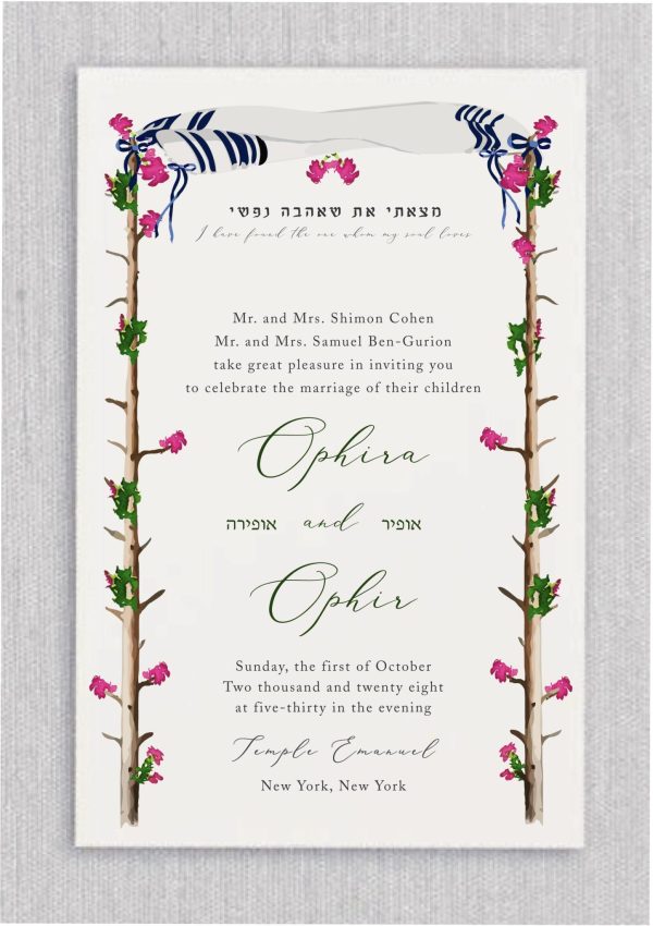 This Painted Chuppah Jewish Wedding Invitation blends nature's beauty with modern elegance, making it the perfect choice for a memorable celebration. The design features watercolor flowers surrounding the Chuppah's branches and lush green leaves, creating a harmonious and captivating look. At the heart of this exquisite invitation is the beloved Hebrew verse, "I have found the one whom my soul loves," displayed beneath the Chuppah in both Hebrew and English. The sophisticated typography adds a personal touch, with the bride and groom's names elegantly scripted and their Hebrew names gracefully placed below. This invitation beautifully captures love and tradition, setting the perfect tone for a meaningful Jewish wedding.