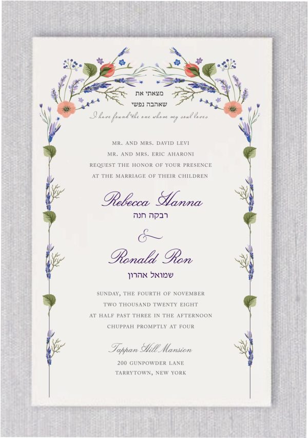 Introducing our Watercolor Wildflower Chuppah Jewish Wedding Invitation — A Beautiful Blend of Nature’s Charm and Modern Elegance. This stunning invitation features delicate watercolor wildflowers in shades of purple plum, peach, and lush greenery, weaving together a vibrant yet serene design that speaks to the beauty of love and nature. The tiny blossoms form a graceful floral arch that surrounds the invitation, symbolizing the shared journey of life and love. At its center, a beloved Hebrew verse — "I have found the one whom my soul loves" — is beautifully displayed beneath the Chuppah, offered in both Hebrew and English. The elegant typography accentuates the couple's names, with their Hebrew names thoughtfully placed below, adding a personal and intimate touch to this timeless design.