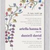 Blooming Arc Jewish Wedding Invitation — Where Nature's Splendor Meets Timeless Romance Celebrate your love story with a wedding invitation that radiates beauty, tradition, and sophistication. The Blooming Arc design is a breathtaking fusion of lush botanical artistry and refined modern elegance, crafted especially for couples seeking a meaningful and stylish Jewish wedding invitation. On the left, a cascade of delicate florals in vibrant hues—plum, lavender, sunny yellow, soft blue, and warm orange—gracefully arch like a blooming chuppah. This floral motif not only symbolizes the natural beauty of love in full bloom but also frames your celebration with a sense of sacred tradition and joyful anticipation. The right side of the card features your wedding details in a balanced, elegantly typeset layout, complemented by both Hebrew and English names. At the heart of this invitation lies the poetic essence of love from Song of Songs 3:4: “I am my beloved’s, and my beloved is mine” — אני לדודי ודודי לי, grounding your union in one of the most cherished verses in Jewish tradition. Perfect for garden weddings, romantic outdoor ceremonies, or any couple inspired by meaningful symbolism and exquisite design, the Blooming Arc invitation offers a deeply personal and visually stunning way to announce your special day.