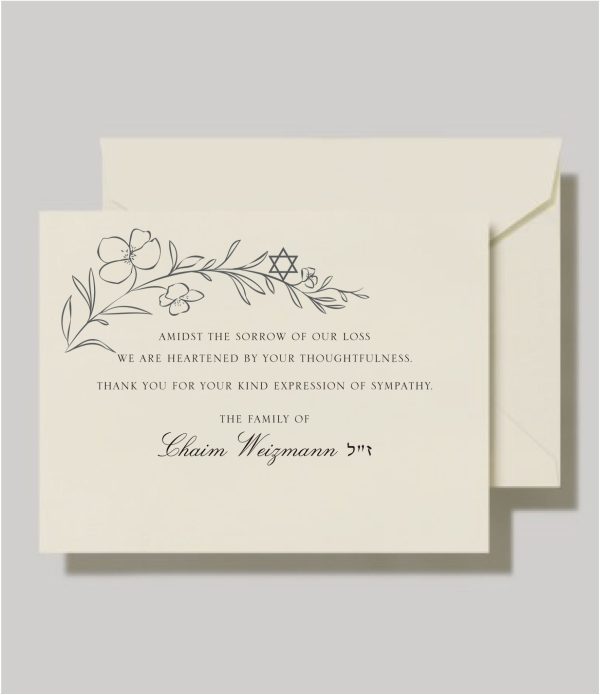 Leaf of Shalom Jewish Sympathy Cards offer a heartfelt way to express your gratitude to family and friends for their support during a difficult time. Thoughtfully designed with a clean, calming aesthetic, each card features a graceful leaf motif alongside the Star of David—symbols of peace, remembrance, and unity. Printed on premium 130lb luxury cardstock, these elegant cards provide generous space for a personal message or a simple signature. A beautiful and meaningful gesture, these cards will be truly appreciated by your loved ones.