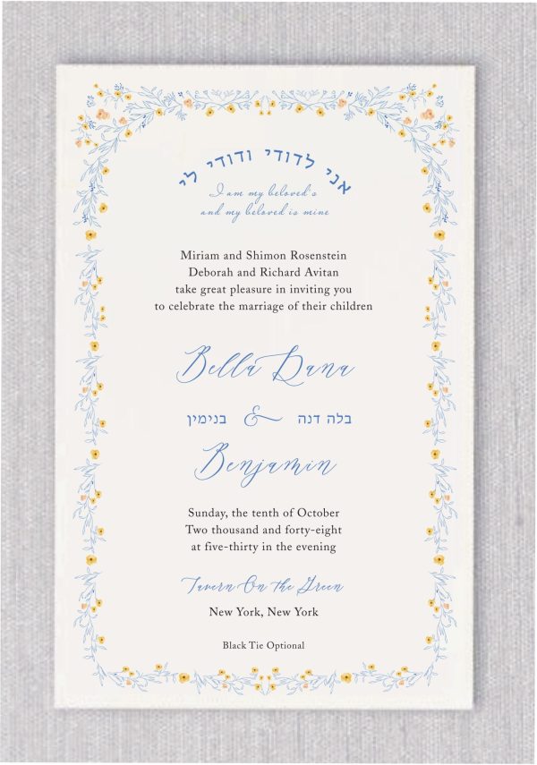 Celebrate your love with the Botanical Kiss Jewish Wedding Invitation—a design that gracefully blends tradition, romance, and modern elegance. Framed by delicate hydrangea-toned leaves reminiscent of a chuppah, the invitation is adorned with soft botanical accents that symbolize growth, unity, and sacred connection. Thoughtfully crafted for couples who value both heritage and sophisticated design, it features the cherished verse from Song of Songs: “I am my beloved’s and my beloved is mine”—beautifully presented in both English and Hebrew within an elegant arch. This timeless expression of devotion brings spiritual depth and emotional resonance to your special announcement. The couple’s names appear in flowing calligraphy, with their Hebrew names thoughtfully included below, adding a deeply personal and heartfelt touch. Perfect for garden weddings, romantic outdoor ceremonies, or any celebration infused with love and meaning.
