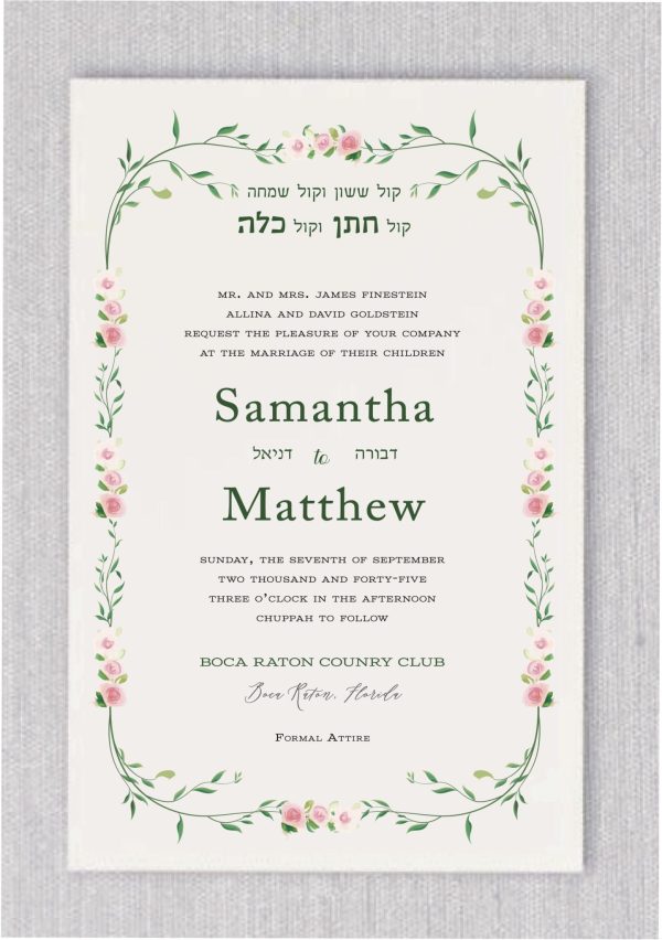 Celebrate your love with the Rosy Garden Jewish Wedding Invitation—a stunning design that seamlessly combines tradition, romance, and modern elegance. Framed by soft peach roses and lush green leaves that evoke the beauty of a chuppah, this invitation is adorned with delicate botanical accents symbolizing growth, unity, and sacred connection. Perfectly suited for couples who honor both heritage and sophisticated style, it features the beloved verse from the Song of Songs: "Kol Sasson V'Kol Simcha, Kol Chattan V'Kol Kallah"—beautifully presented in Hebrew, this passage resonates as a song of joy beneath the chuppah. The couple's names, elegantly rendered in modern type, are highlighted in a way that feels both contemporary and personal. Their Hebrew names are thoughtfully included, adding a meaningful and intimate touch. Ideal for garden weddings, romantic outdoor ceremonies, or any celebration rich with love and meaning.
