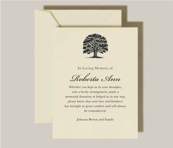 Introducing our elegant Sympathy Cards featuring the Memory Tree of Life—a heartfelt way to express your condolences with grace and meaning. The design showcases a striking black rooted tree, symbolizing strength, memory, and enduring love. A modern typeface highlights a thoughtful verse at the center, creating a refined and contemporary look. Perfect for sending comfort during times of loss, these sympathy cards combine timeless symbolism with minimalist sophistication.