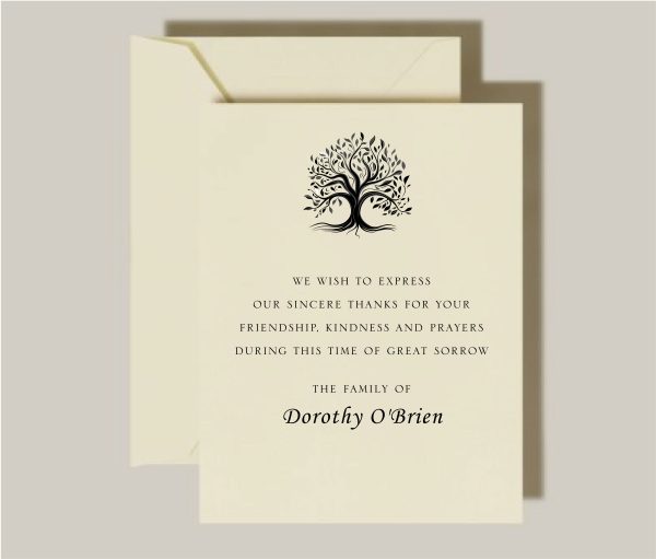 Introducing our elegant Sympathy Cards featuring the Memory Tree of Life—a heartfelt and meaningful way to express your condolences during times of sorrow. Thoughtfully designed to offer comfort, these cards blend emotional depth with visual simplicity, making them a beautiful tribute to loved ones who have passed. At the heart of the design is a striking black rooted tree, symbolizing strength, legacy, and the deep roots of family and memory. Known as the Tree of Life, this powerful image represents the cycle of life and the enduring connection between generations. Its graceful silhouette stands as a reminder that love and memories live on, even after loss.