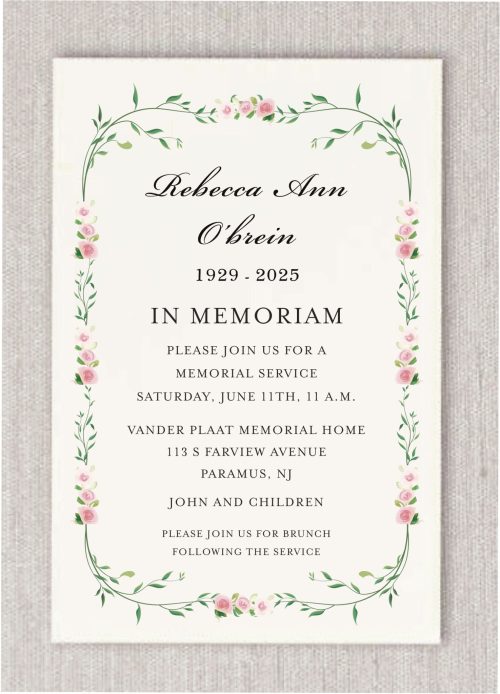 Celebrate a life well lived with the Rosy Garden Funeral Invitation — a beautifully crafted design that blends soft peach roses and lush green leaves in a clean, elegant layout. Delicate botanical accents frame the invitation, offering a serene and heartfelt tribute. The design includes the loved one’s full name, lifespan, and all the details for the celebration of life ceremony.