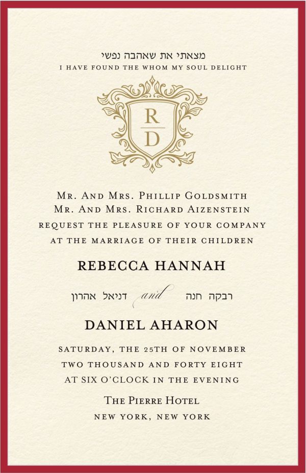 Stunning Red & Gold Monogram Jewish Wedding Invitation Make a bold and elegant statement with this timeless Jewish wedding invitation, beautifully designed in rich red and gold tones. Featuring a sophisticated monogram at the center, this invitation exudes regal charm and refined simplicity. Above the monogram, the beloved verse "I am my beloved’s, and my beloved is mine" appears in both Hebrew and English, adding heartfelt meaning and spiritual depth to your celebration. The invitation includes a printed red border as standard, with an optional upgrade to a luxurious layered red backing for added elegance and presence. The clean, classic layout ensures a tasteful and graceful presentation—perfect for honoring tradition while celebrating love in style. Ideal for a wedding under the chuppah, this invitation sets the tone for a truly unforgettable simcha.