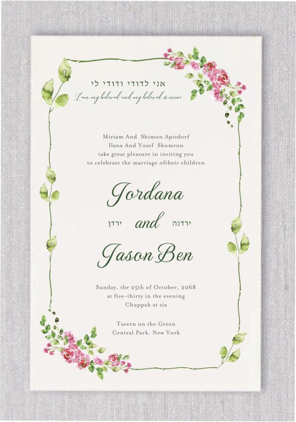 Celebrate your love with the Blush Garden Jewish Wedding Invitation — a beautifully designed piece featuring soft blush-toned watercolor florals. Delicate roses and leafy accents are thoughtfully arranged in the top and bottom corners, while a graceful watercolor leaf border frames your wedding details with vibrant charm. At the center of the design, the beloved verse "I am my beloved’s and my beloved is mine" is presented in both Hebrew and English, elegantly scripted to add meaning and romance. The couple’s names are displayed in a clean, modern font, with the option to include Hebrew names—seamlessly blending tradition with contemporary elegance.